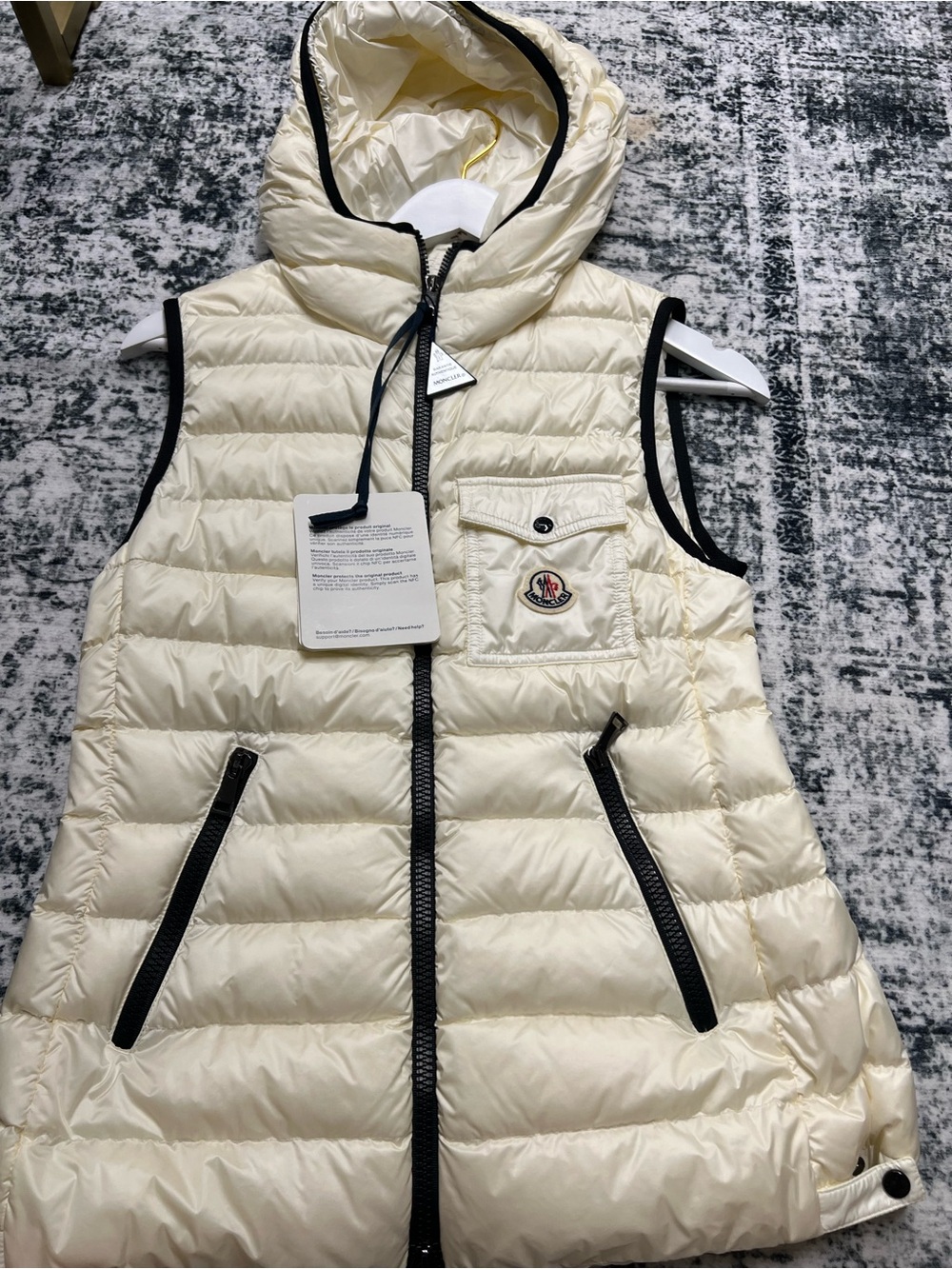 Moncler Ivory Quilted Hooded Down Vest with Black Trim